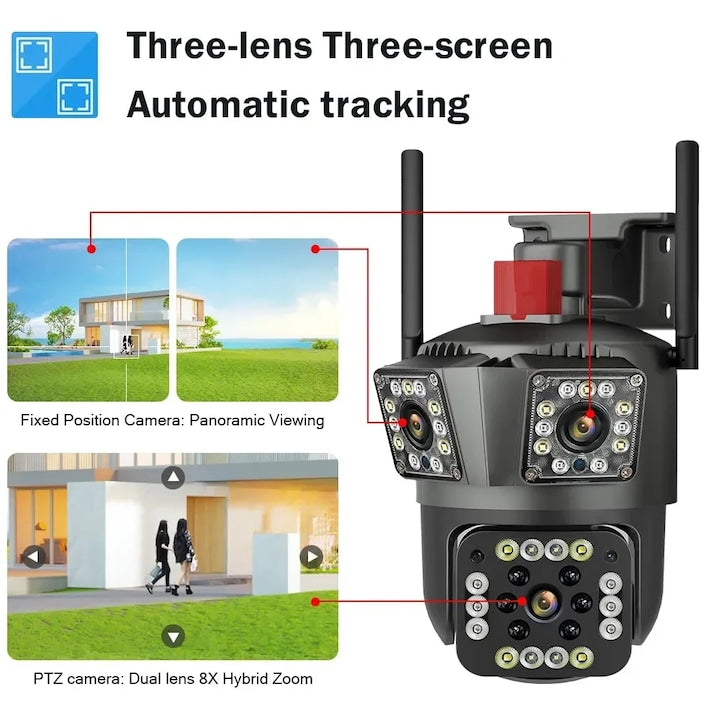 Cameră Supraveghere Tripla PTZ Wi-Fi + 4G cu Triplu Obiectiv, Zoom 5X și Full HD/4K