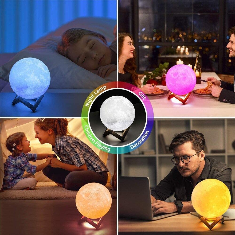 Lampa 3D Luna RGB Multicolor, 16 Nuante, 15 cm, Control Tactil + Suport din Lemn