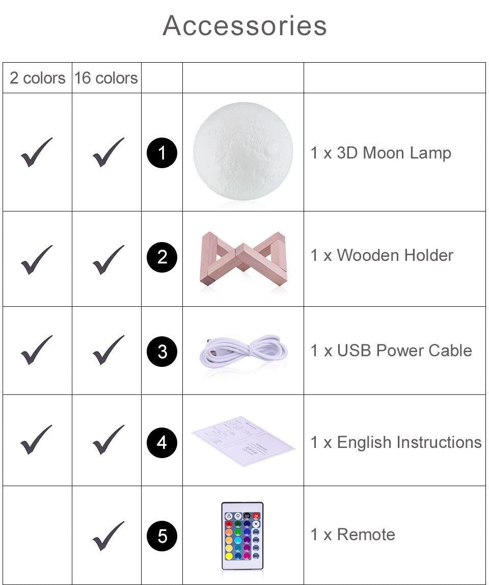 Lampa 3D Luna RGB Multicolor, 16 Nuante, 15 cm, Control Tactil + Suport din Lemn