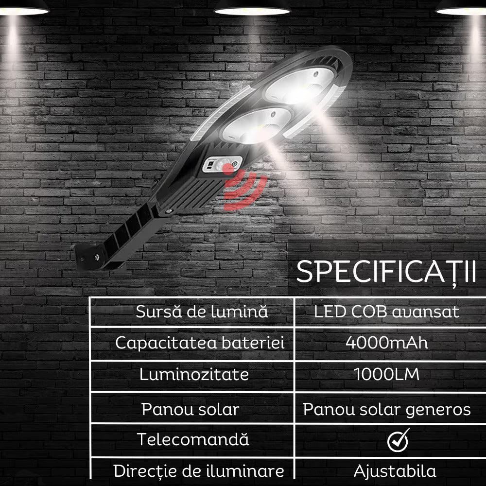 Lampa Solară 150W 24 Ore Autonomie 1000 Lumeni cu Senzor