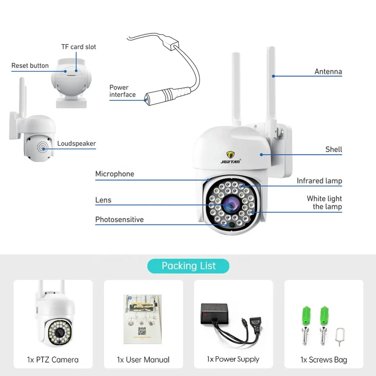 Camera Wifi de Exterior Jortan Color + Card 32 GB , Senzor de Miscare, Night Vision, Vizualizare Live pe Telefon