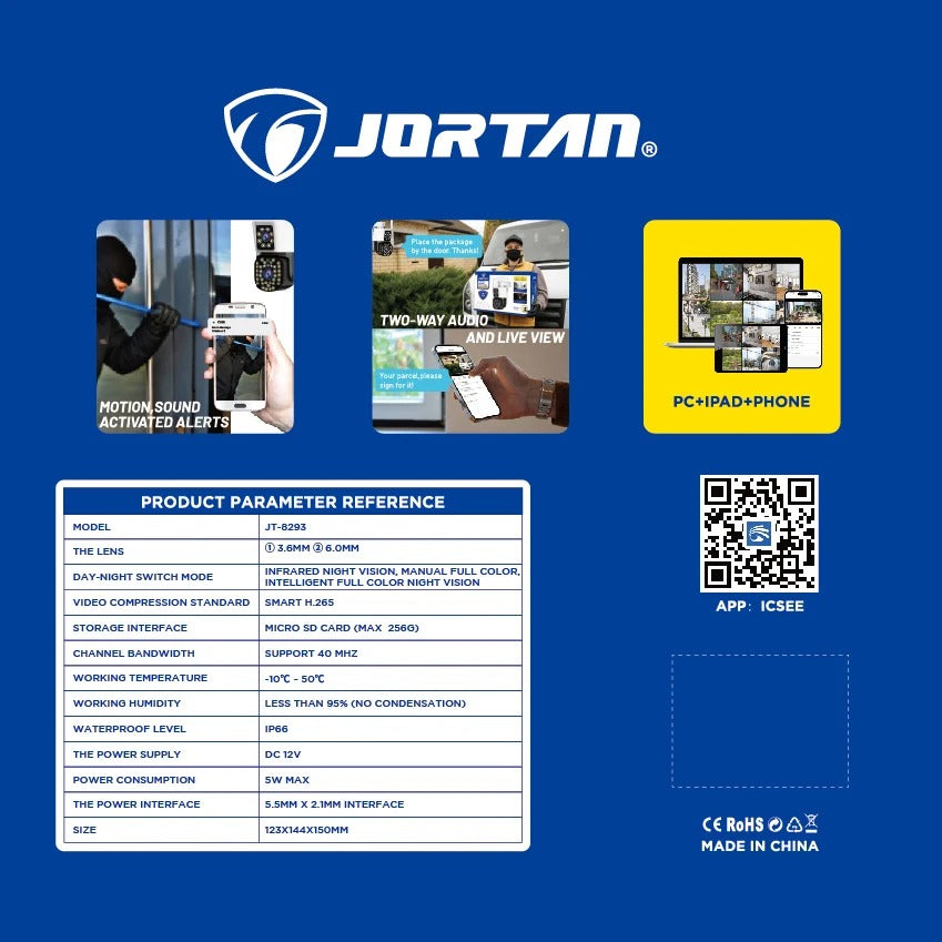 Camera Duala Jortan Wifi Rezolutie 6 Mp Full HD 4K Detectie Umana Sistem de Alarma Recunoastere Faciala